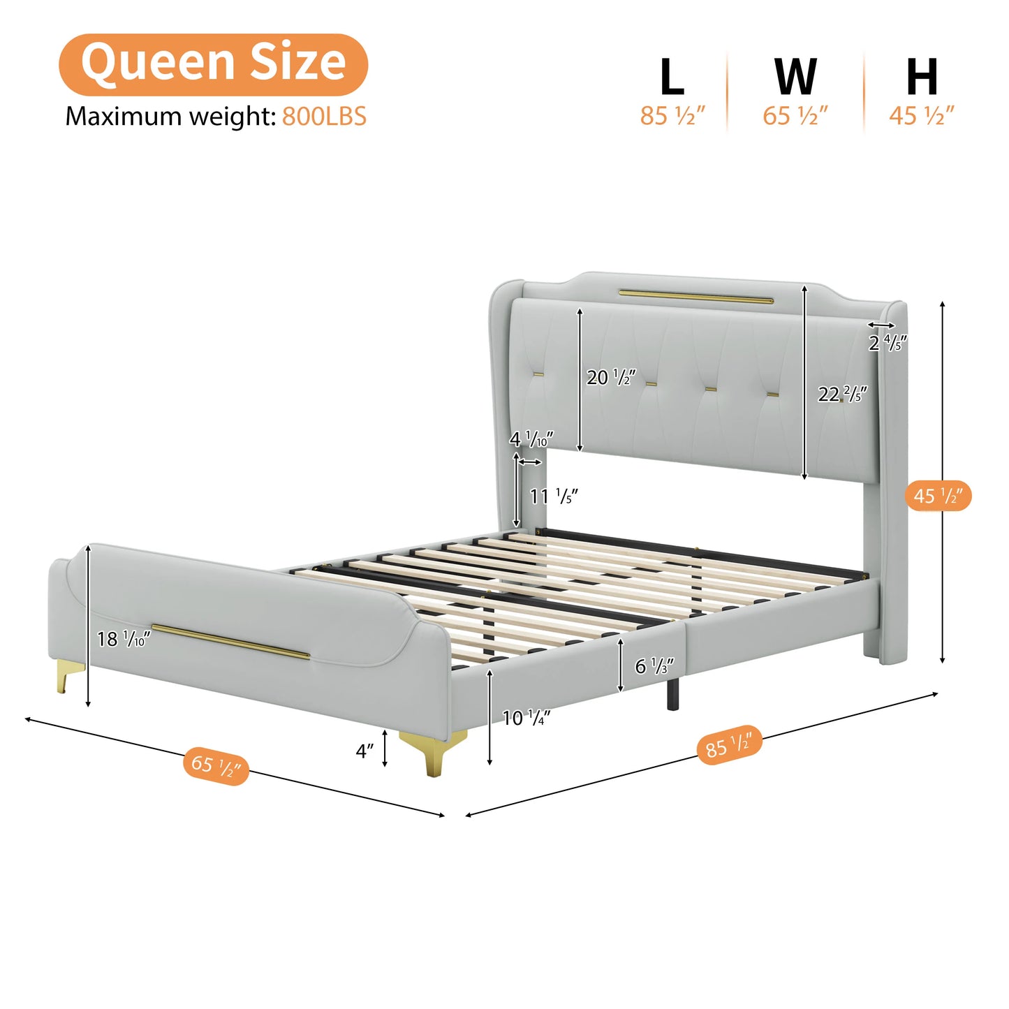 Queen Size Leather Bed Frame With Wingback Headboard & Footboard PU Upholstered Platform Bed Solid Wooden Slats Support