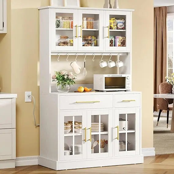 71'' Kitchen Pantry Storage Cabinet with Microwave Stand, Tall Freestanding Hutch Cabinets with Power Outlet, Pantry Cabinets w