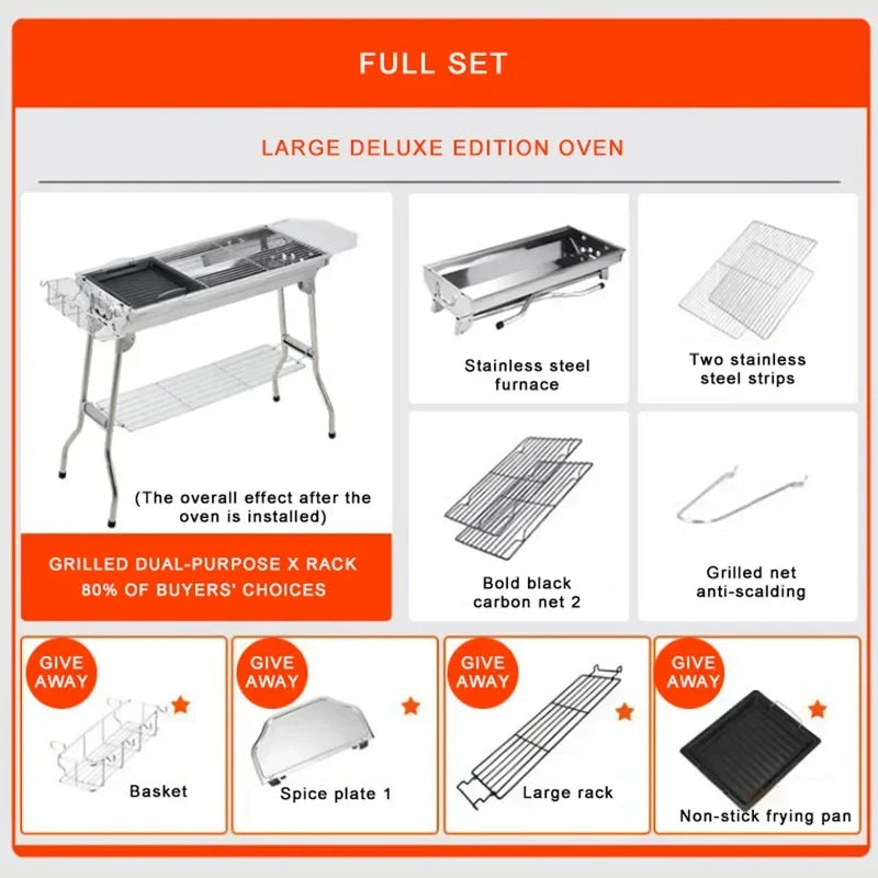 Stainless Steel Charcoal Grill Barbecue Tool Portable Free Installation Handle Folding BBQ Cooking Grid For Park