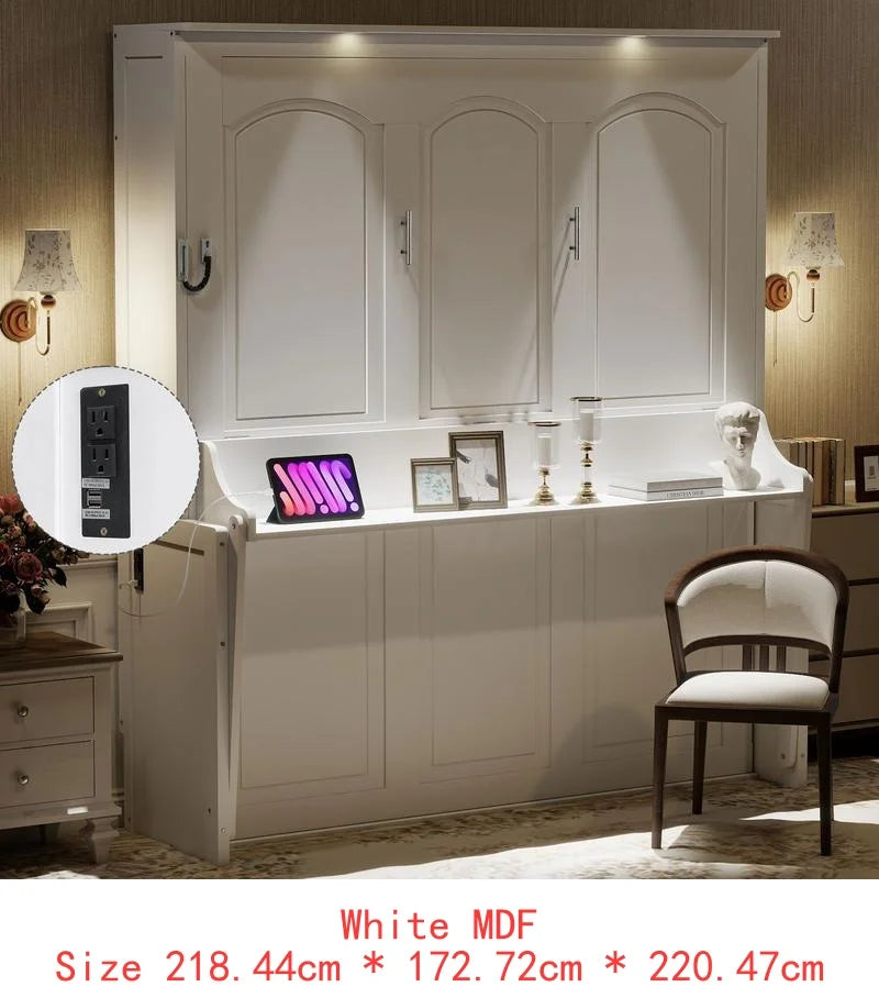 Queen Size Murphy Bed with Desk, LED Lighting and USB Charging Station, White Finish