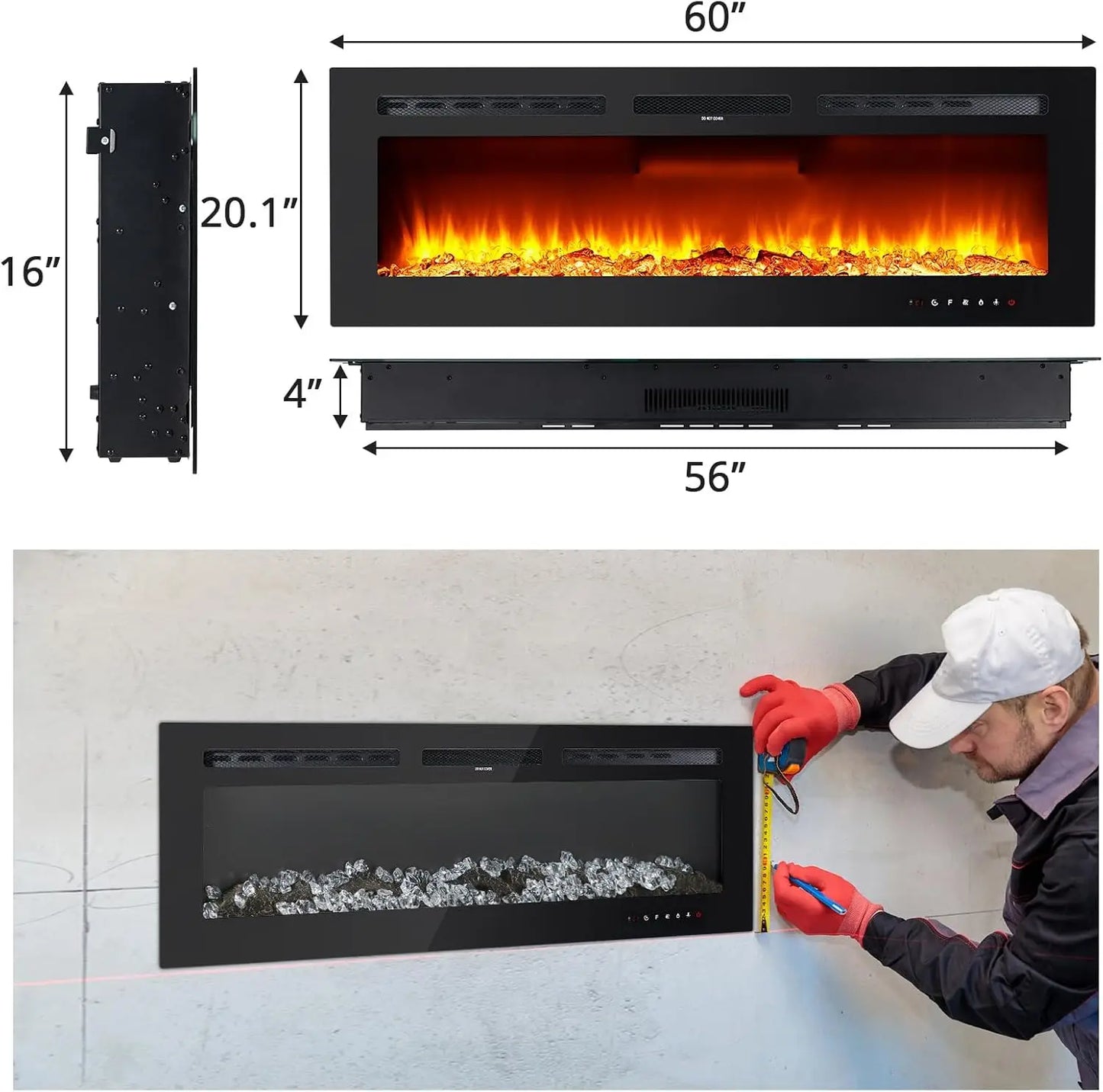 60" Electric Fireplace, 3.85" Ultra-Thin Recessed & Wall Mounted Fireplace, 1500w Heater (5120BTU), 12 LED Flame Colors