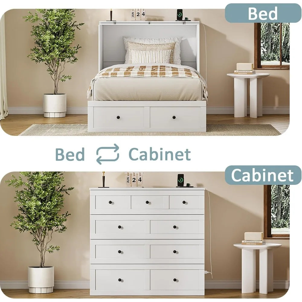 Twin Murphy Bed with Built-in Charging Station, Space-Saving Murphy Bed Chest Twin with Drawer, Foldable, for Home Office Guest