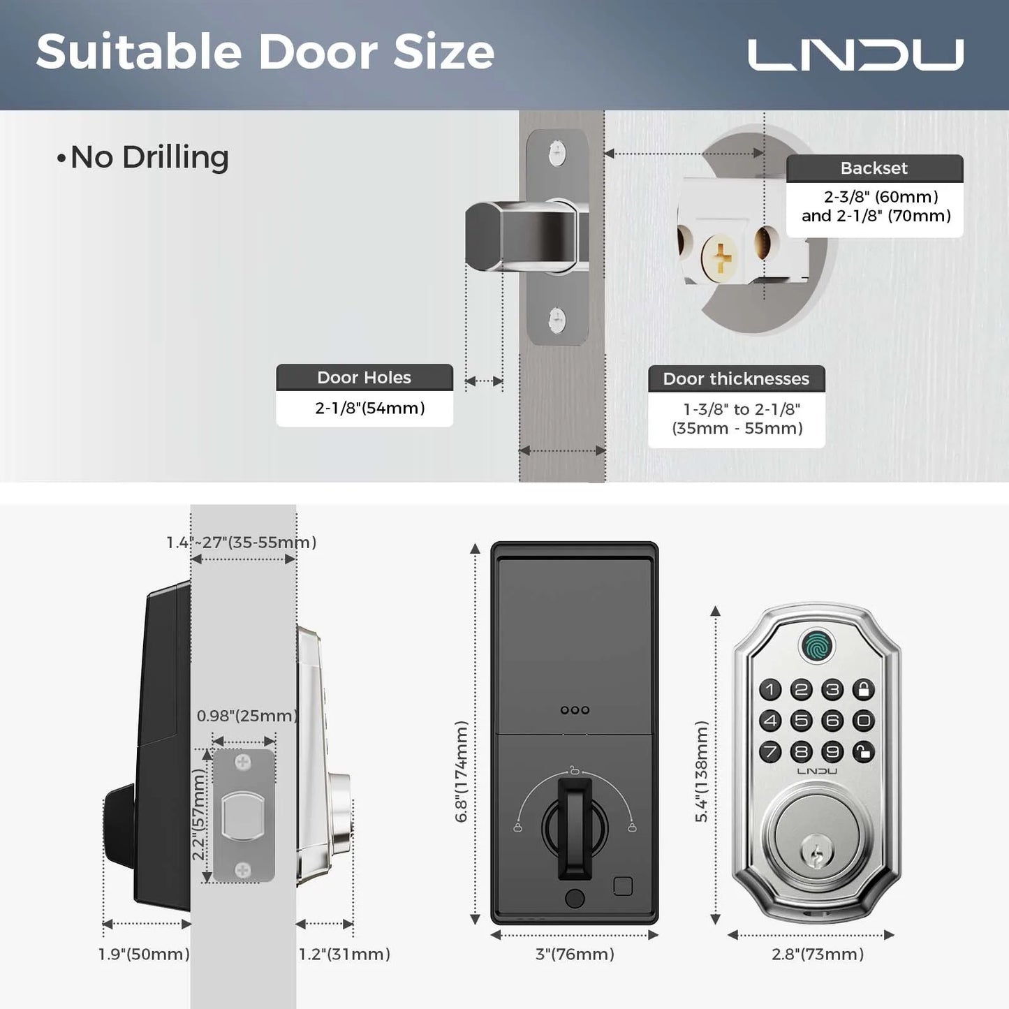 LNDU Smart Door Lock D280L Fingerprint Lock&Keypad Combination Lock All-in-One Intelligent Door Lock Waterproof Door Locks