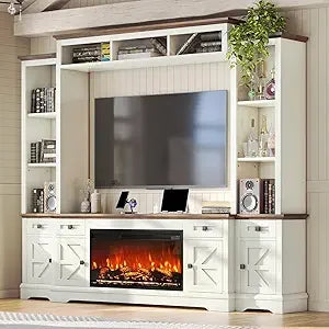 Farmhouse Style 98-inch Entertainment Center with Fireplace, TV Stand, Bookshelf, Wine Cabinet for 75-inch TVs