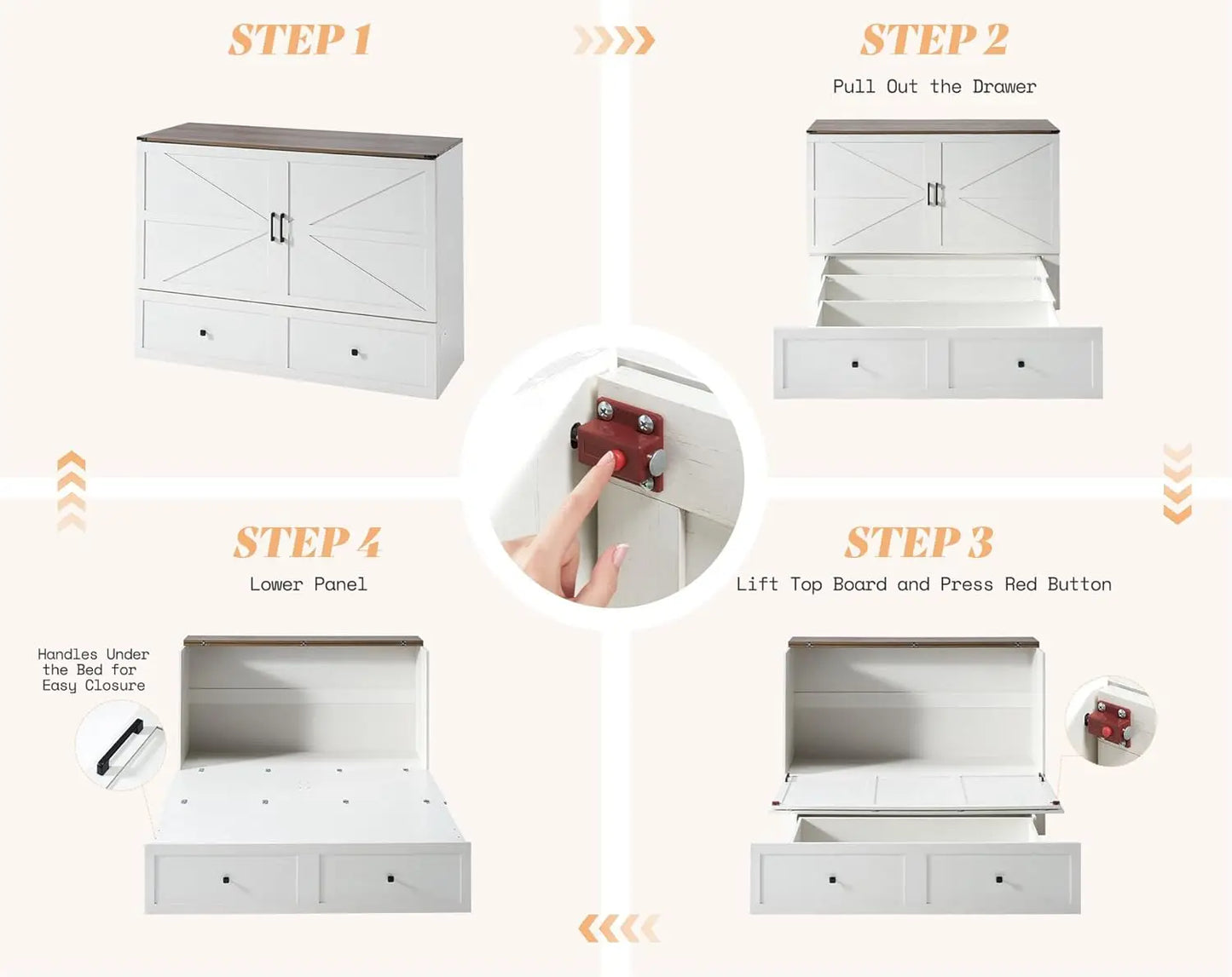 Farmhouse Style Murphy Bed with Storage, Foldable Panel, and Charging Station for Quiet Guest Bedroom