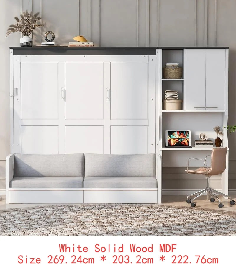 Queen Murphy Bed with Sofa, Desk, and Storage Cabinet - Space-Saving Foldable Design for Small Spaces