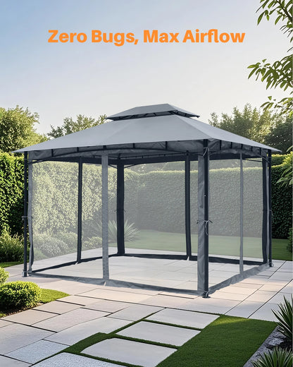 SeeHill 10' x 12' Metal Patio Gazebo with Double Roof, Mosquito Netting Outdoor Canopy Tent for Backyard or Garden Use