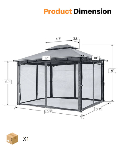 SeeHill 10' x 12' Metal Patio Gazebo with Double Roof, Mosquito Netting Outdoor Canopy Tent for Backyard or Garden Use