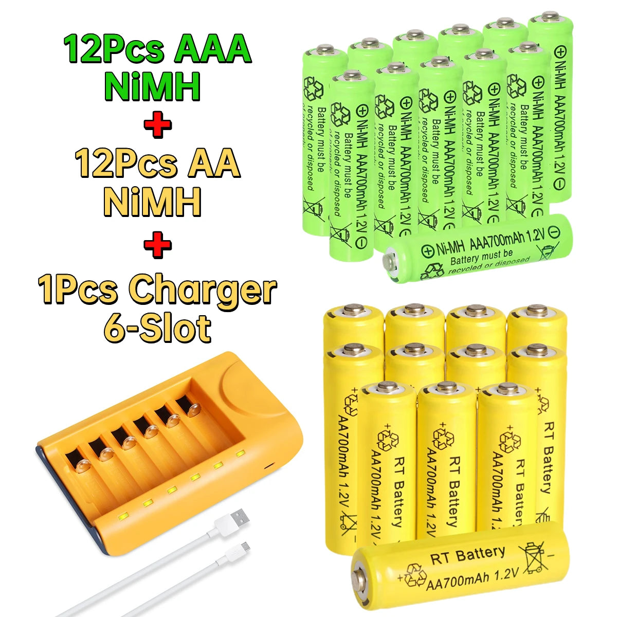 Skywolfeye 30pcs/24pcs/18pcs/12pcs/6pcs AA AAA NiMh 1.2V 700mah Rechargeable Battery Set with 6 Slot Battery Charger