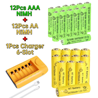 Skywolfeye 30pcs/24pcs/18pcs/12pcs/6pcs AA AAA NiMh 1.2V 700mah Rechargeable Battery Set with 6 Slot Battery Charger