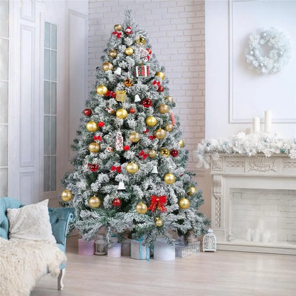 7ft/8ft Artificial Christmas Tree with Snow Flocked  Xmas Tree W/1000 Branch Tips, Foldable Metal Stand, Green & White