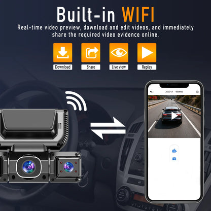 1080P FHD four-channel dash cam, built-in front and rear cameras, 2.63-inch IPS screen, super night vision, built-in WiFi, inclu
