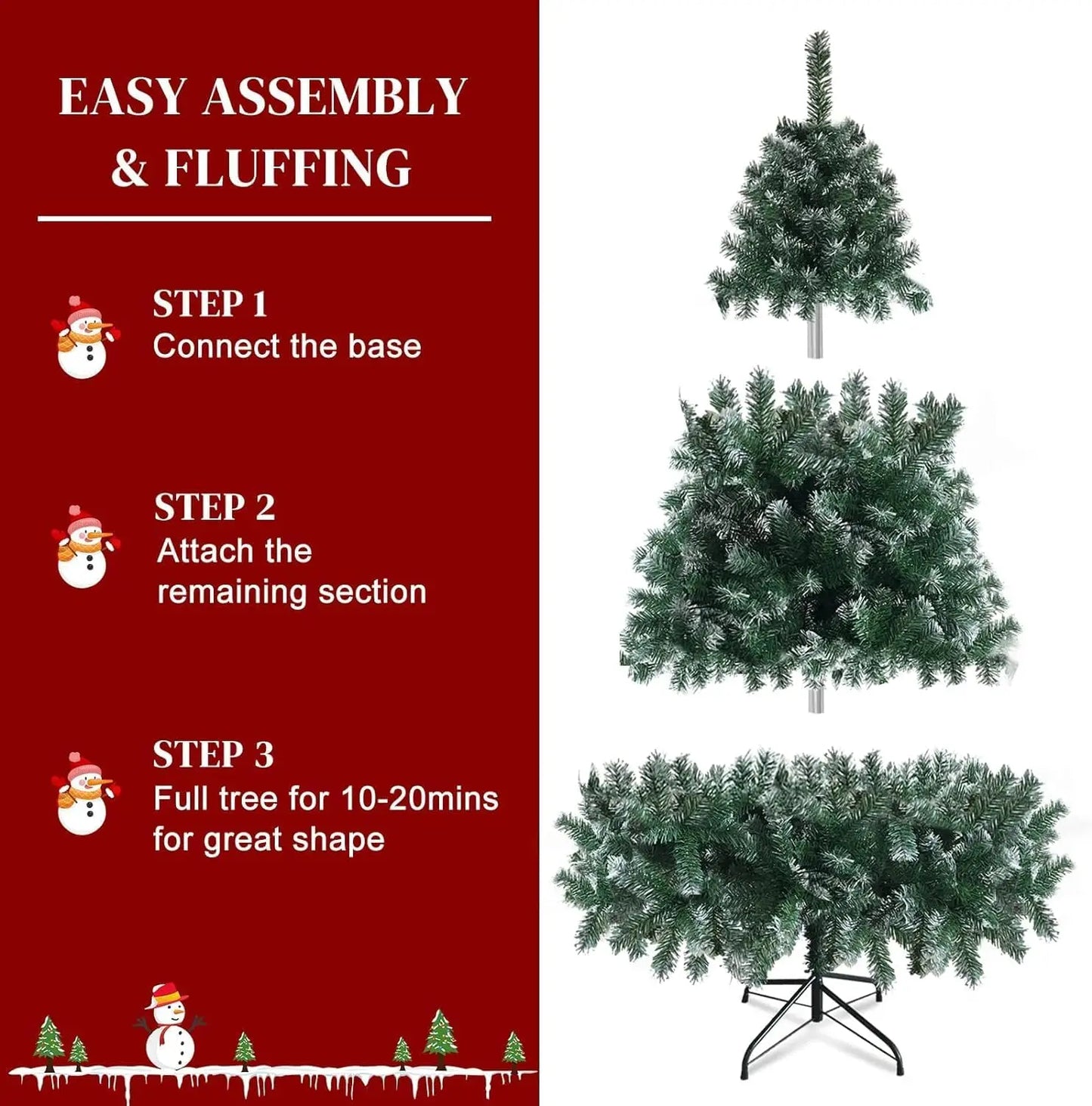 7ft/8ft Artificial Christmas Tree with Snow Flocked  Xmas Tree W/1000 Branch Tips, Foldable Metal Stand, Green & White