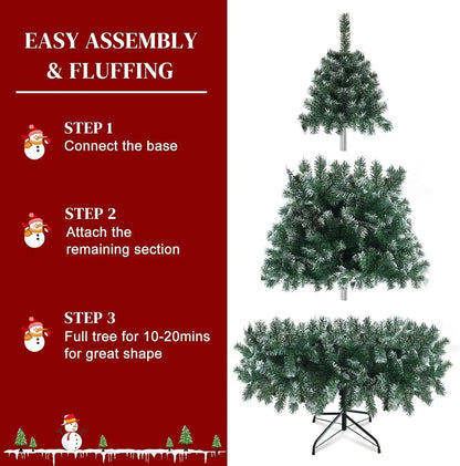 7ft/8ft Artificial Christmas Tree with Snow Flocked  Xmas Tree W/1000 Branch Tips, Foldable Metal Stand, Green & White