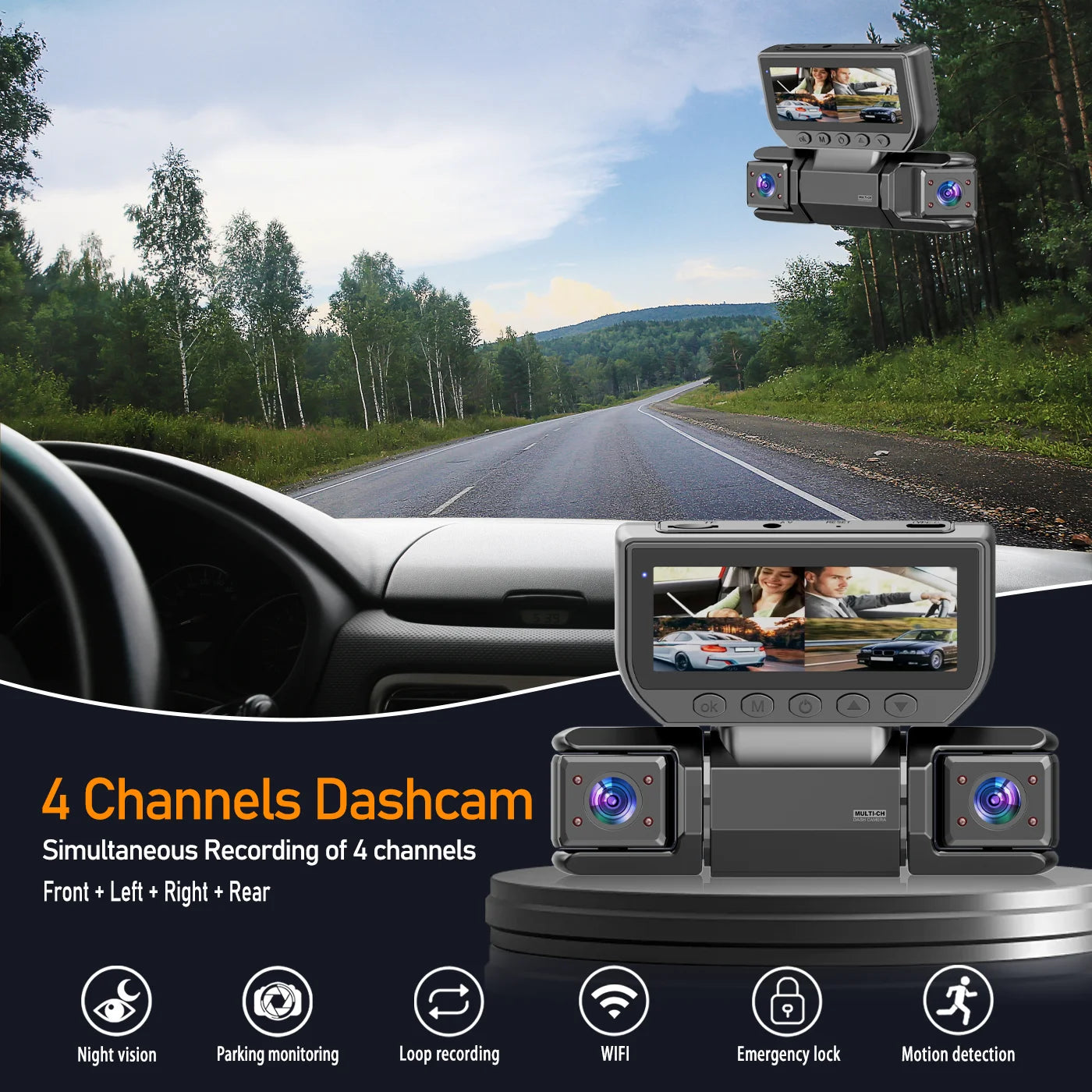1080P FHD four-channel dash cam, built-in front and rear cameras, 2.63-inch IPS screen, super night vision, built-in WiFi, inclu