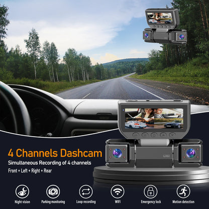 1080P FHD four-channel dash cam, built-in front and rear cameras, 2.63-inch IPS screen, super night vision, built-in WiFi, inclu