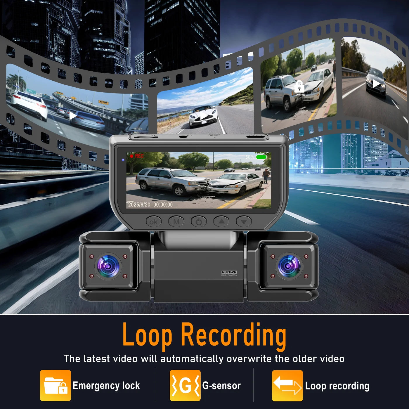 1080P FHD four-channel dash cam, built-in front and rear cameras, 2.63-inch IPS screen, super night vision, built-in WiFi, inclu