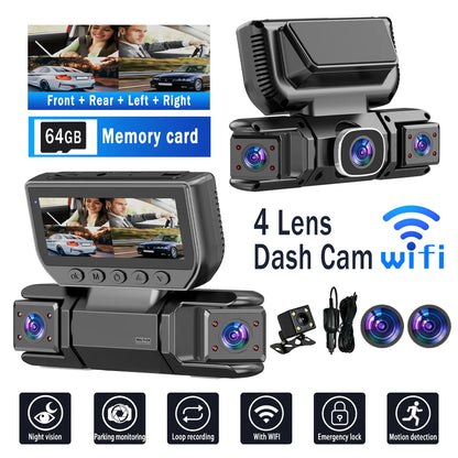 1080P FHD four-channel dash cam, built-in front and rear cameras, 2.63-inch IPS screen, super night vision, built-in WiFi, inclu