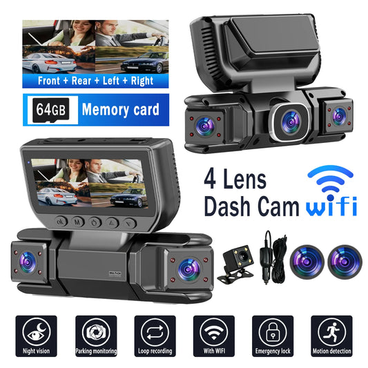 1080P FHD four-channel dash cam, built-in front and rear cameras, 2.63-inch IPS screen, super night vision, built-in WiFi, inclu