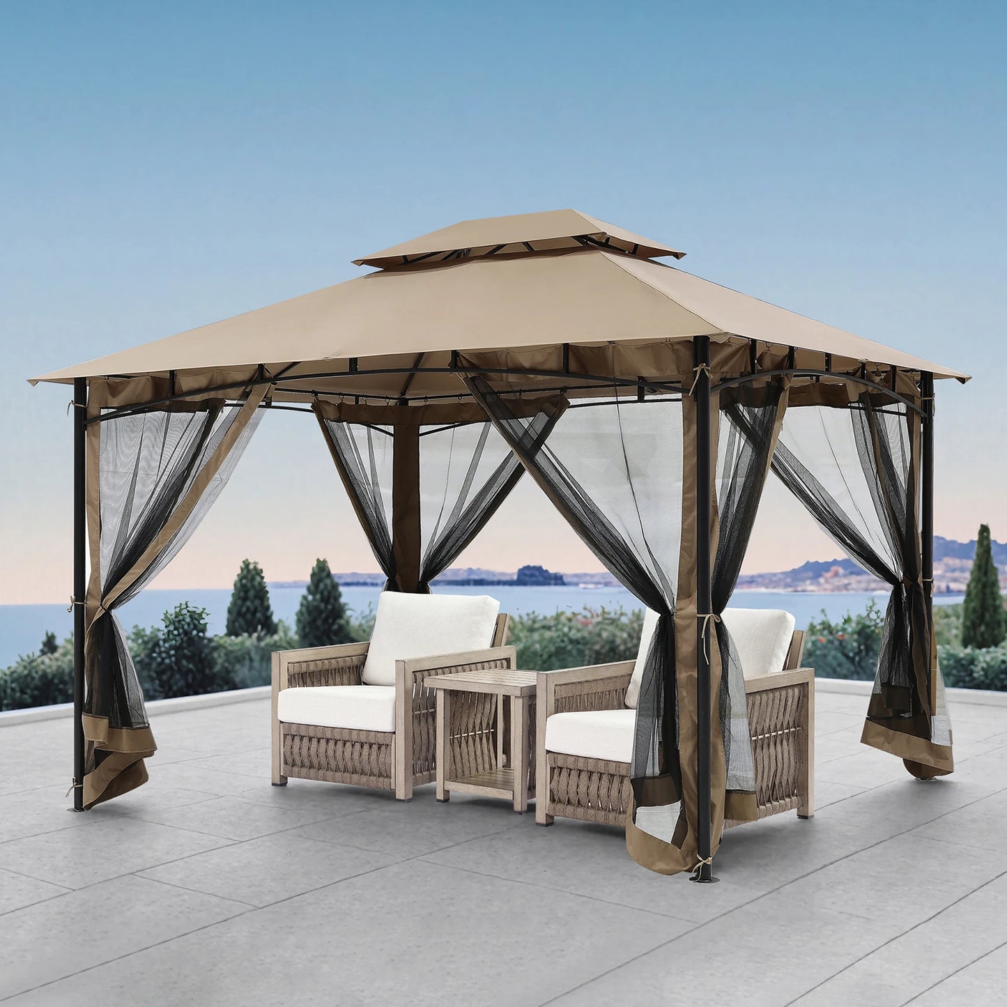 SeeHill 10' x 12' Metal Patio Gazebo with Double Roof, Mosquito Netting Outdoor Canopy Tent for Backyard or Garden Use