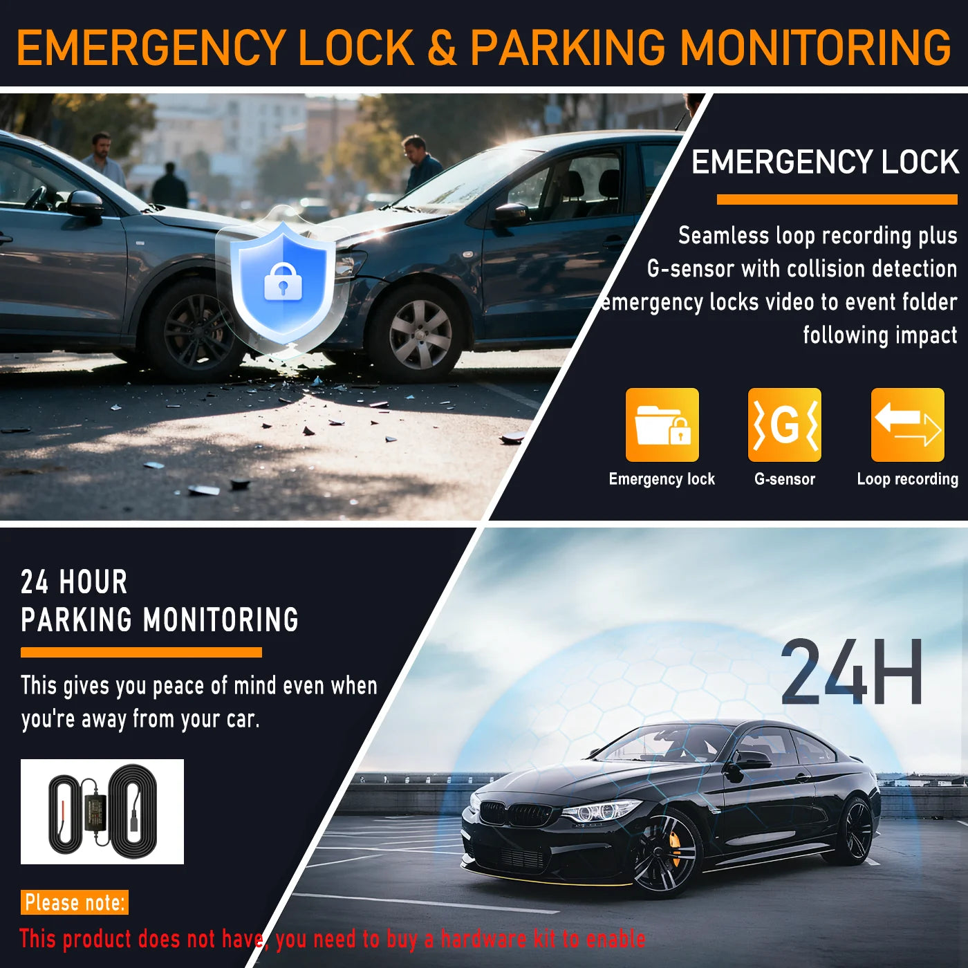 1080P FHD four-channel dash cam, built-in front and rear cameras, 2.63-inch IPS screen, super night vision, built-in WiFi, inclu