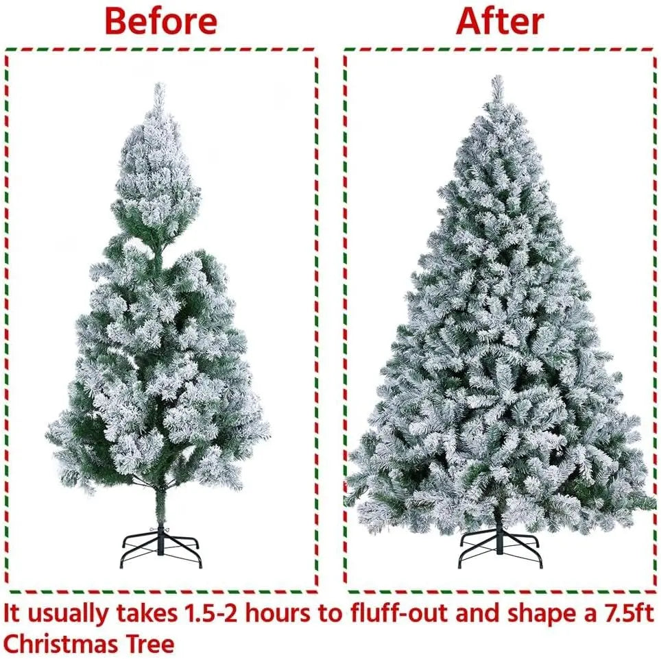 7ft/8ft Artificial Christmas Tree with Snow Flocked  Xmas Tree W/1000 Branch Tips, Foldable Metal Stand, Green & White