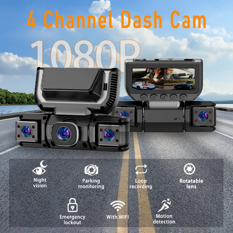 1080P FHD four-channel dash cam, built-in front and rear cameras, 2.63-inch IPS screen, super night vision, built-in WiFi, inclu