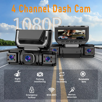 1080P FHD four-channel dash cam, built-in front and rear cameras, 2.63-inch IPS screen, super night vision, built-in WiFi, inclu