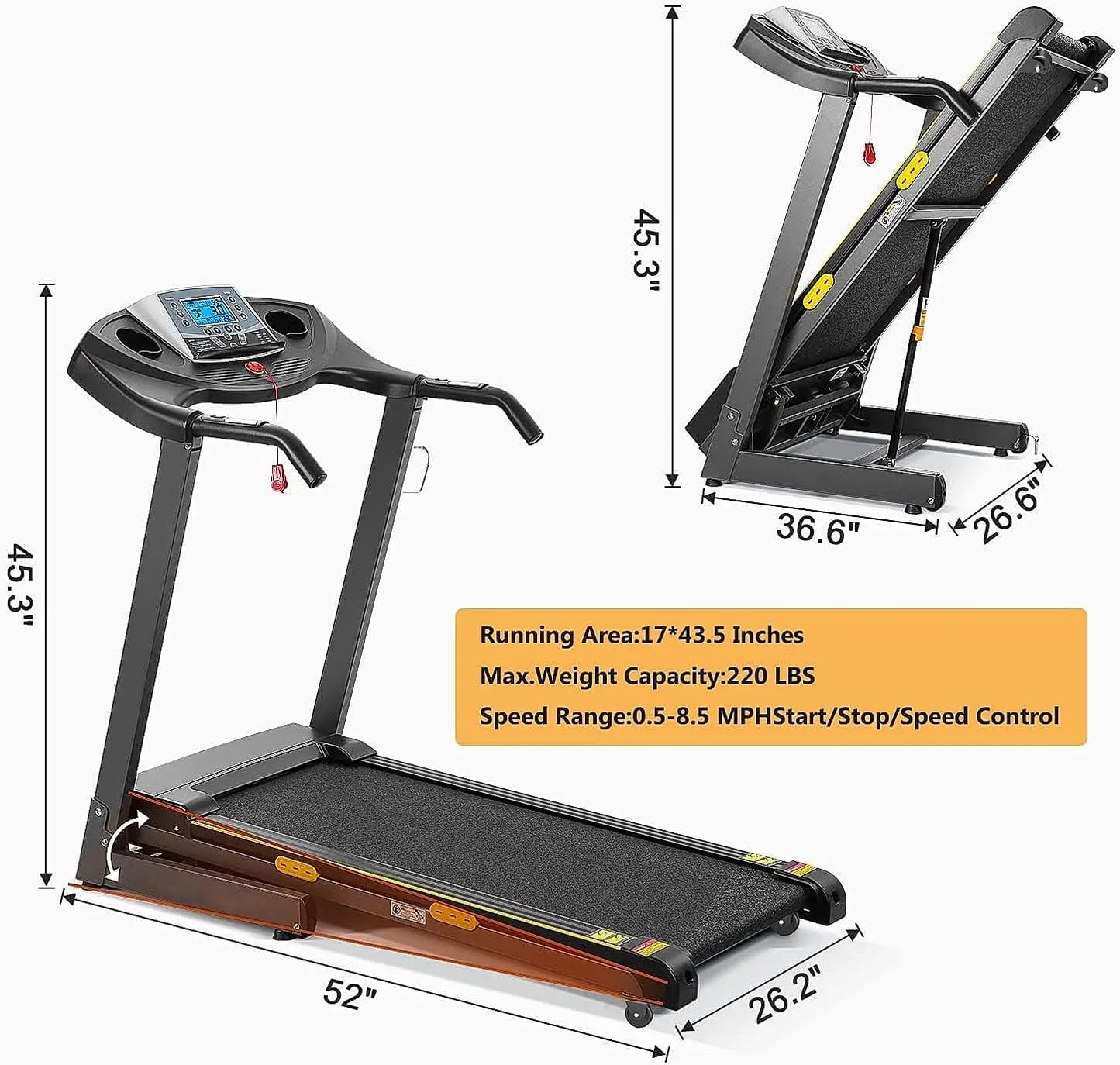 Treadmill with Auto Incline Folding Electric Running Machine 17'' Electric Treadmills 2.5HP/8.5MPH with 15 Training Programs