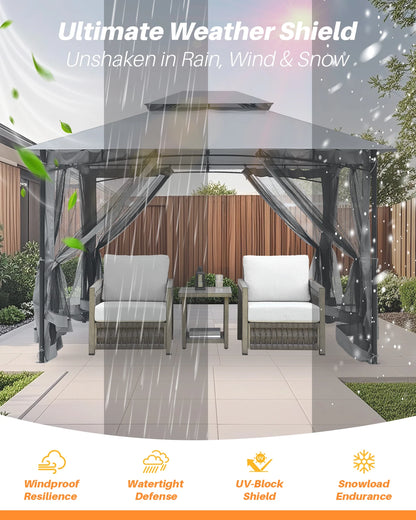 SeeHill 10' x 12' Metal Patio Gazebo with Double Roof, Mosquito Netting Outdoor Canopy Tent for Backyard or Garden Use