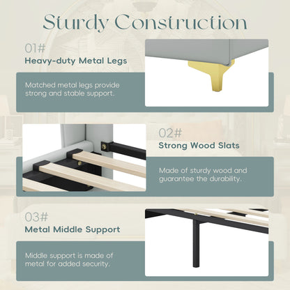 Queen Size Leather Bed Frame With Wingback Headboard & Footboard PU Upholstered Platform Bed Solid Wooden Slats Support