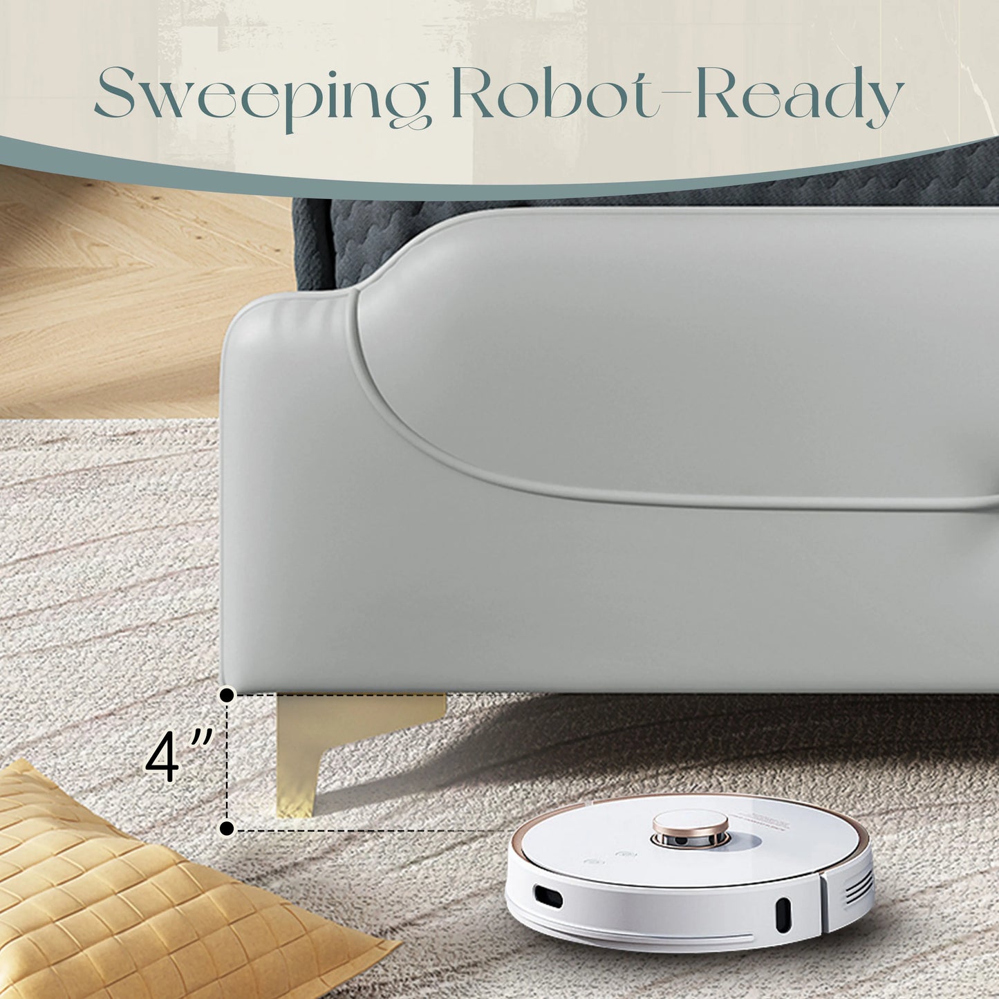 Queen Size Leather Bed Frame With Wingback Headboard & Footboard PU Upholstered Platform Bed Solid Wooden Slats Support