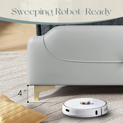 Queen Size Leather Bed Frame With Wingback Headboard & Footboard PU Upholstered Platform Bed Solid Wooden Slats Support