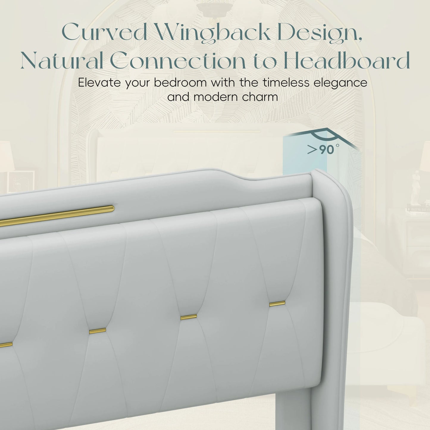 Queen Size Leather Bed Frame With Wingback Headboard & Footboard PU Upholstered Platform Bed Solid Wooden Slats Support