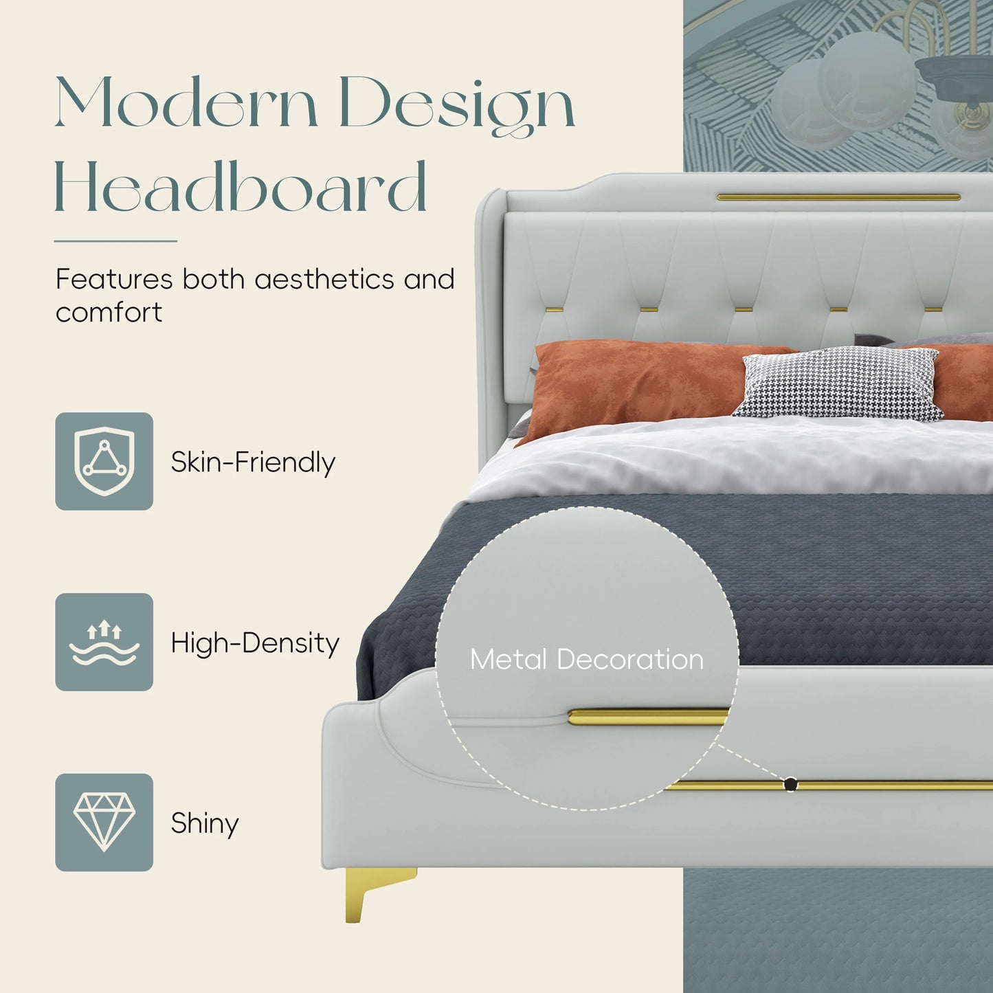 Queen Size Leather Bed Frame With Wingback Headboard & Footboard PU Upholstered Platform Bed Solid Wooden Slats Support