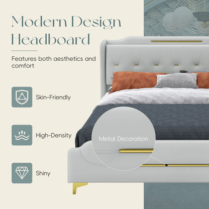 Queen Size Leather Bed Frame With Wingback Headboard & Footboard PU Upholstered Platform Bed Solid Wooden Slats Support