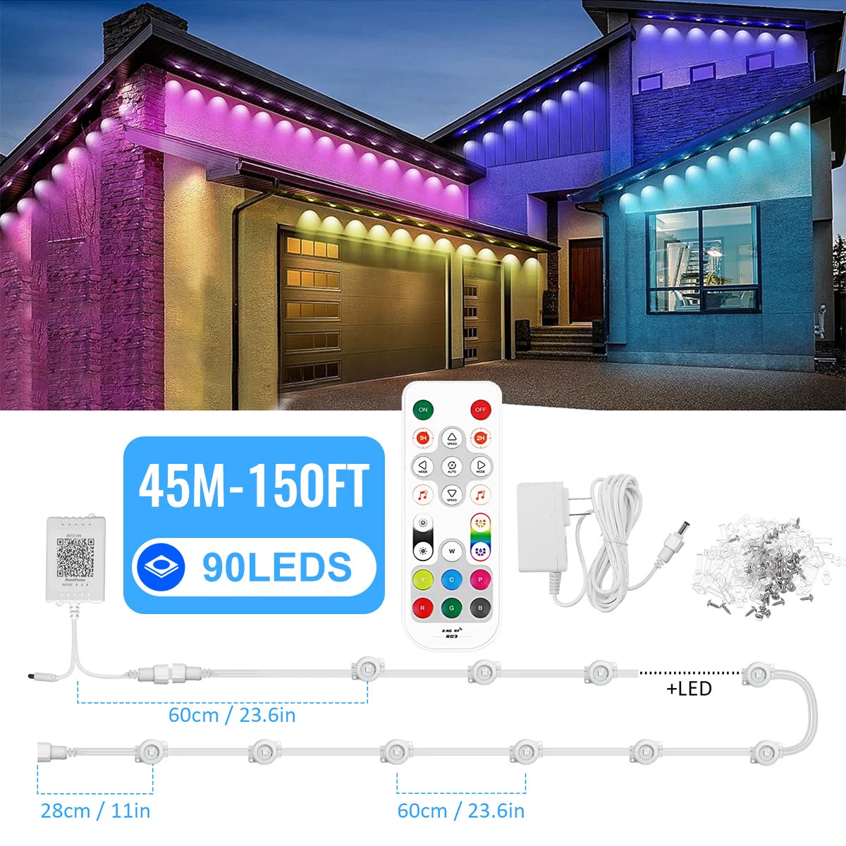 Permanent Outdoor Lights, Smart RGB Northern Lights , 100ft with 60 LED Eaves Lights IP68 Waterproof for Christmas Party Holiday.  Many patterns for all seasons.