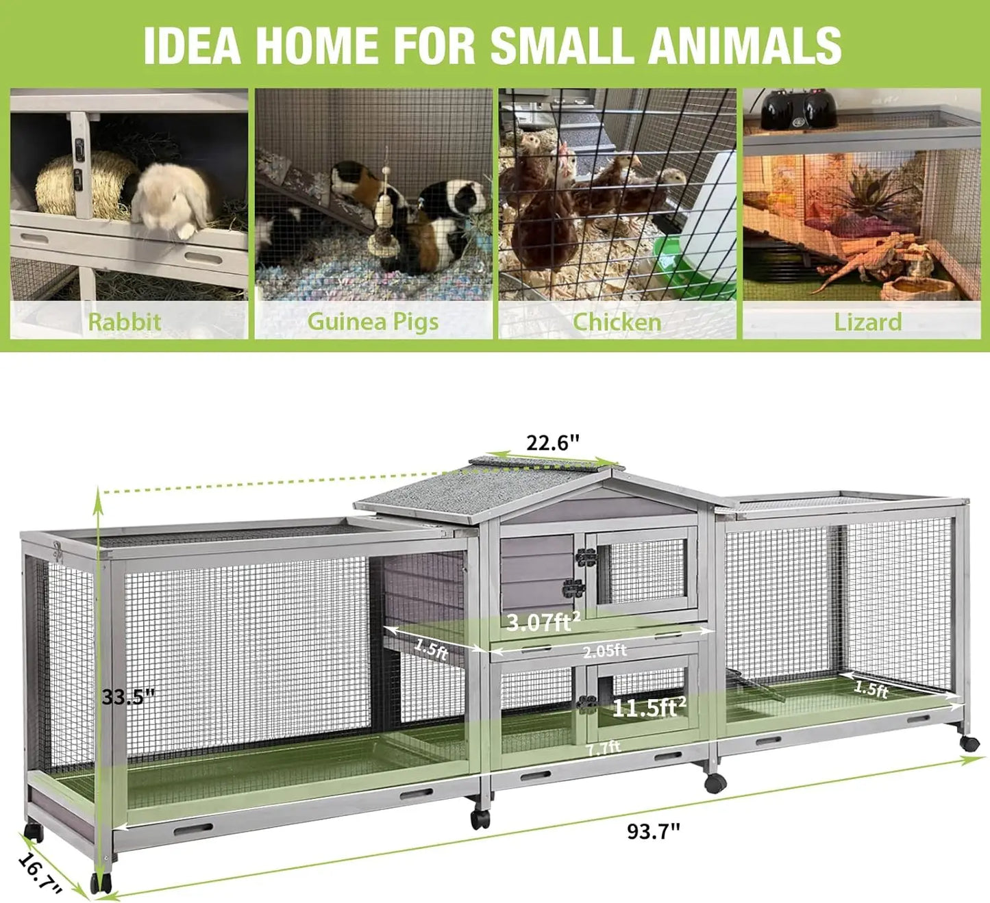 Rabbit Hutch Bunny Cage Indoor & Outdoor Rabbit Cage on Wheels, Guinea Pig Cage with 4 Deep No Leakage Pull Out Trays - 93.7"