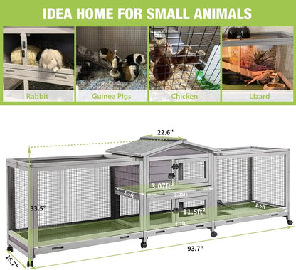 Rabbit Hutch Bunny Cage Indoor & Outdoor Rabbit Cage on Wheels, Guinea Pig Cage with 4 Deep No Leakage Pull Out Trays - 93.7"