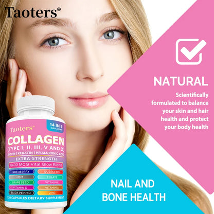 Collagen Types I, II, III, V and X - Biotin, Capillary Vitamin, Hyaluronic Acid - Supports Skin, Hair, Nails and Joints
