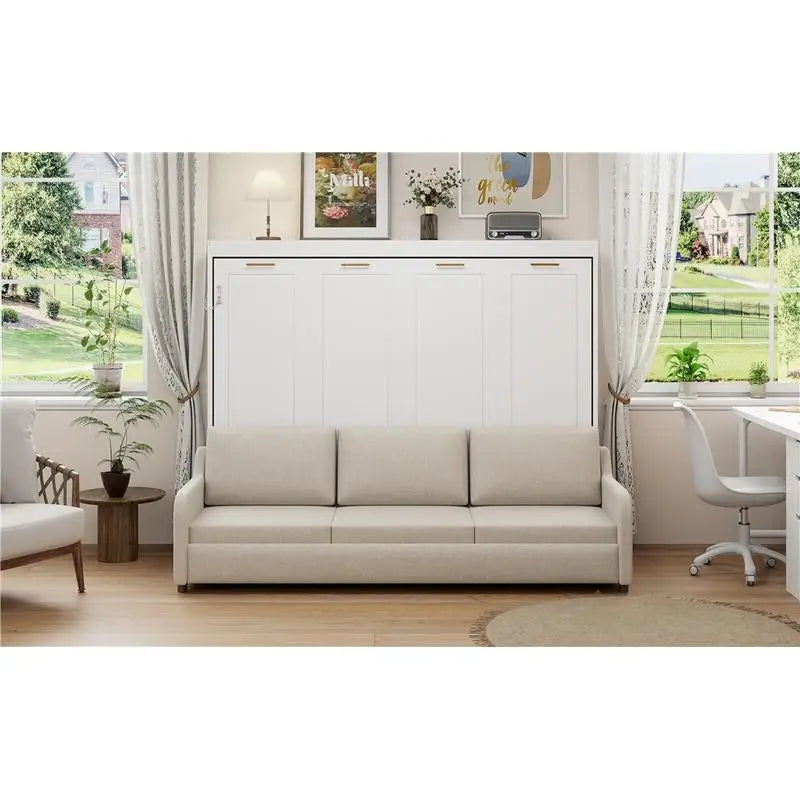 Murphy Cabinet Bed with Sofa, Storage Shelves & LED Light, Beige Color