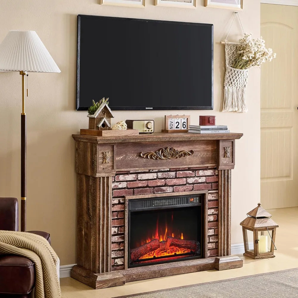 43" Electric Fireplace with Mantel, Electric Fireplace Heater, TV Stand w/Freestanding Electric Fireplaces, Stacked Stone Surrou