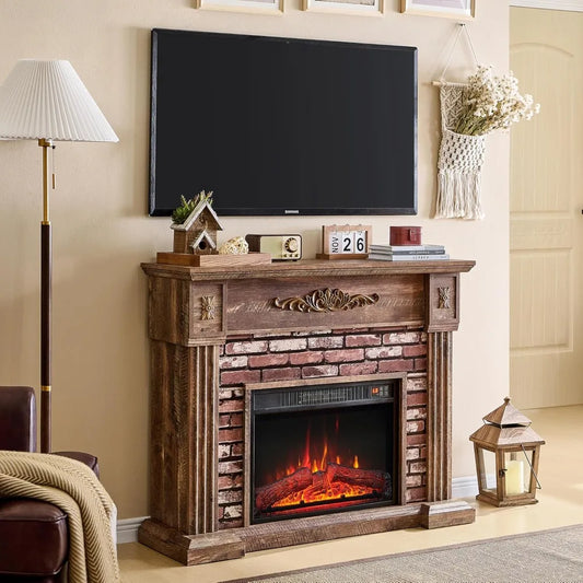 43" Electric Fireplace with Mantel, Electric Fireplace Heater, TV Stand w/Freestanding Electric Fireplaces, Stacked Stone Surrou