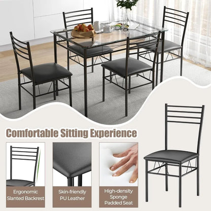 5 Piece Dining Table Set, Kitchen Dining Set with Tempered Glass Table Top and 4 Upholstered Chairs, Dinette Set for 4 for Brea
