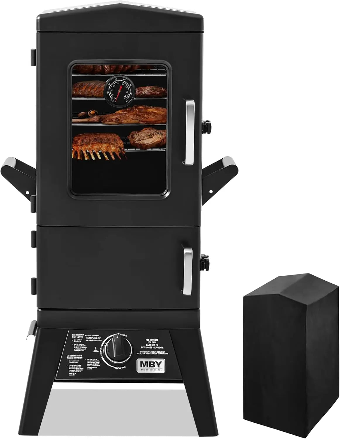 Propane Smoker with Cover, Vertical Smoker Grill with Temperature Control Outdoor Heavy Duty Three Removable Smoking Shelves, Bl