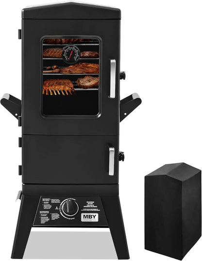 Propane Smoker with Cover, Vertical Smoker Grill with Temperature Control Outdoor Heavy Duty Three Removable Smoking Shelves, Bl