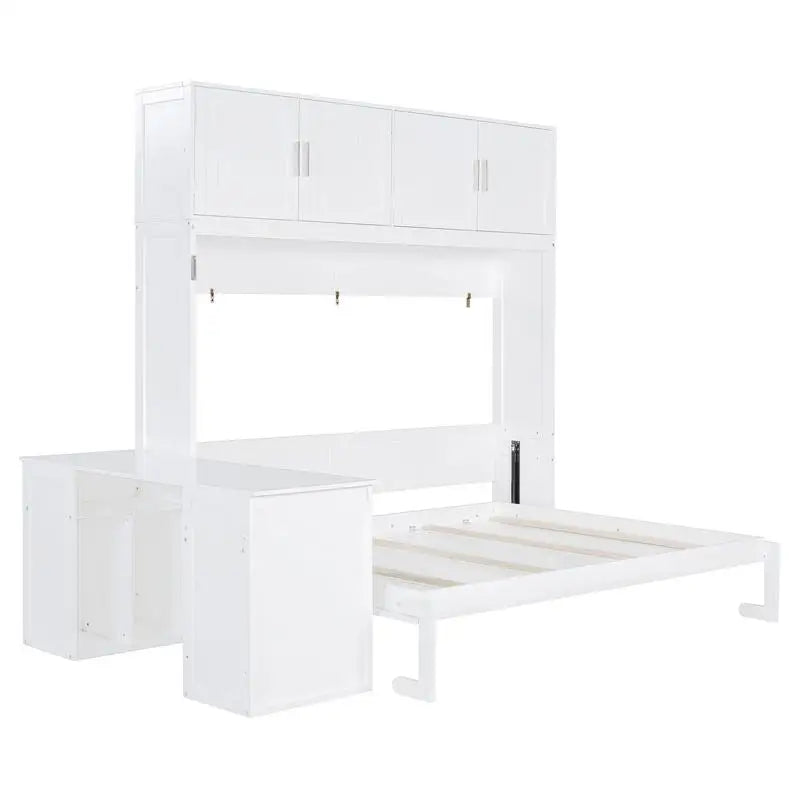 Queen Size Wall Murphy Bed with Desk Storage Shelves Cabinets White