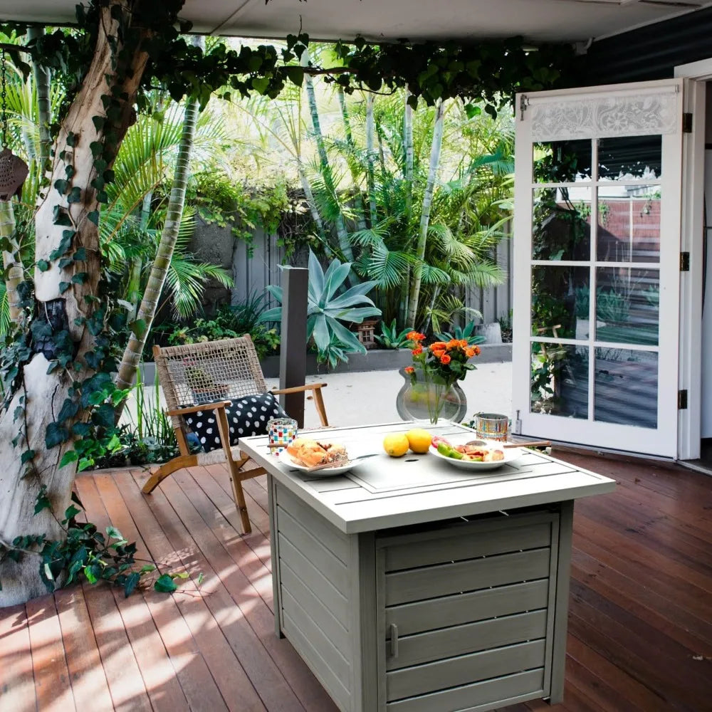 28 Inch Propane Fire Pit Table, Outdoor Gas Fire Pits with Lid & Lava Rock, 50000 BTU Firepit for Dinning, Party in Outside, Pat