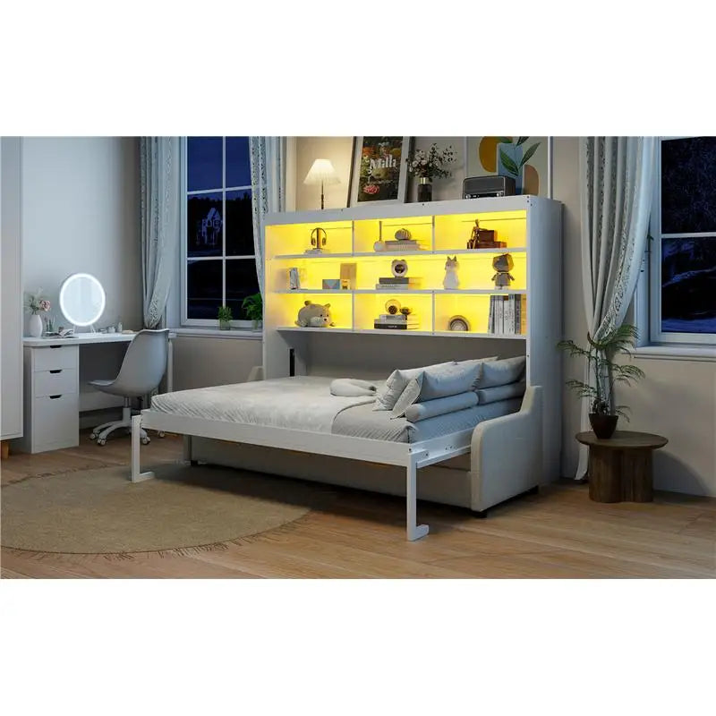 Murphy Cabinet Bed with Sofa, Storage Shelves & LED Light, Beige Color