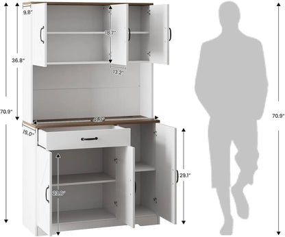 "71in White Kitchen Pantry Cabinet w/ USB Charging Station, Coffee Bar & Appliance Storage for Dining Room"